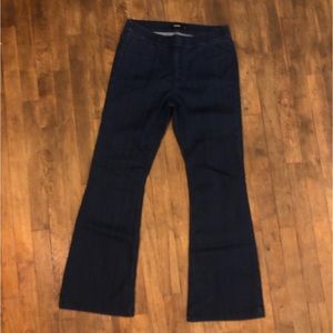 Cello womens dark wash flare leg jeans labeled large, medium fit. Short length